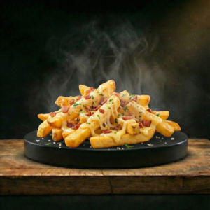 Porção de Batata Frita com Queijo e Bacon (150g – pré-fritura)